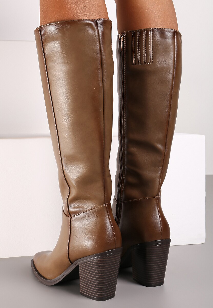 Ciemnobeżowe Casualowe Kozaki na Słupku Movara