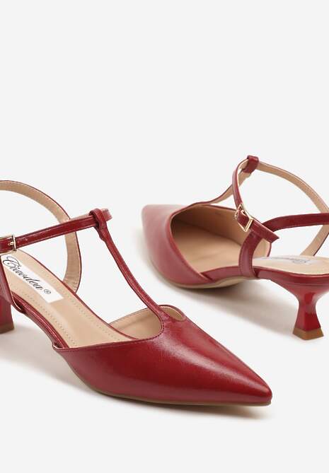 Czerwone Czółenka na Obcasie Kaczuszce Ozdobione Paskami Peselle