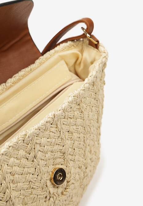 Jasnobeżowa Mała Torebka Boho na Ramię z Połączenia Plecionki i Ekoskóry Virtha