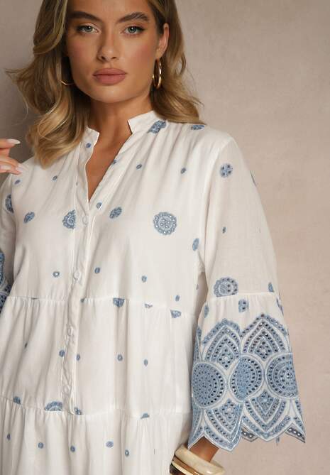 Biała Pudełkowa Sukienka z Bawełny Ozdobiona Ornamentnym Wzorem Rallanea