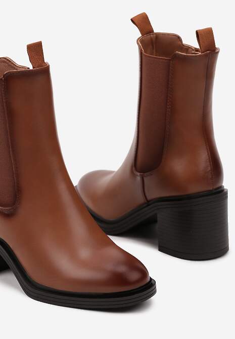 Brązowe Ocieplane Botki na Słupku w Stylu Sztybletów Tarinne