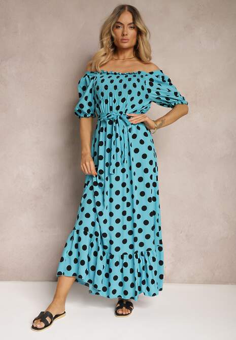 Niebieska Bawełniana Sukienka z Marszczonym Dekoltem i Materiałowym Paskiem Tesaya