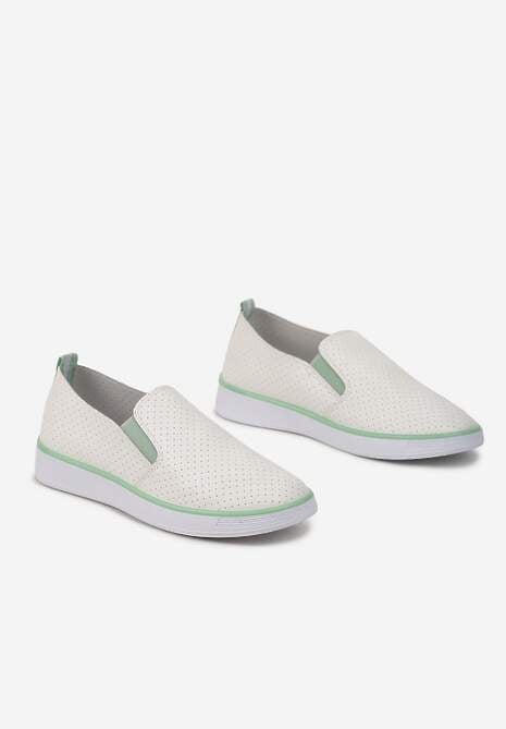 Biało-Zielone Tenisówki z Ekoskóry z Ozdobną Perforacją i Brokatem Alirentta