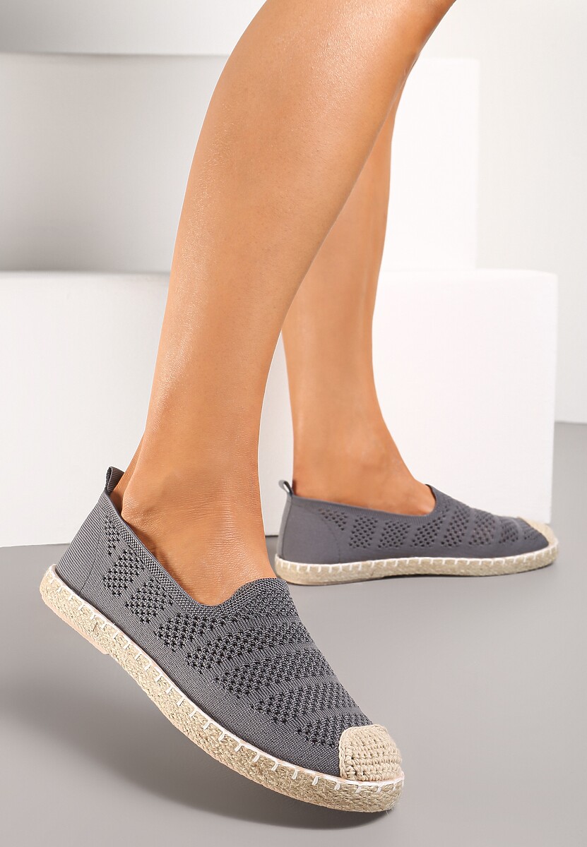 Szare Ażurowe Espadryle Ozdobione Plecionką na Podeszwie i Nosku Tarniesa