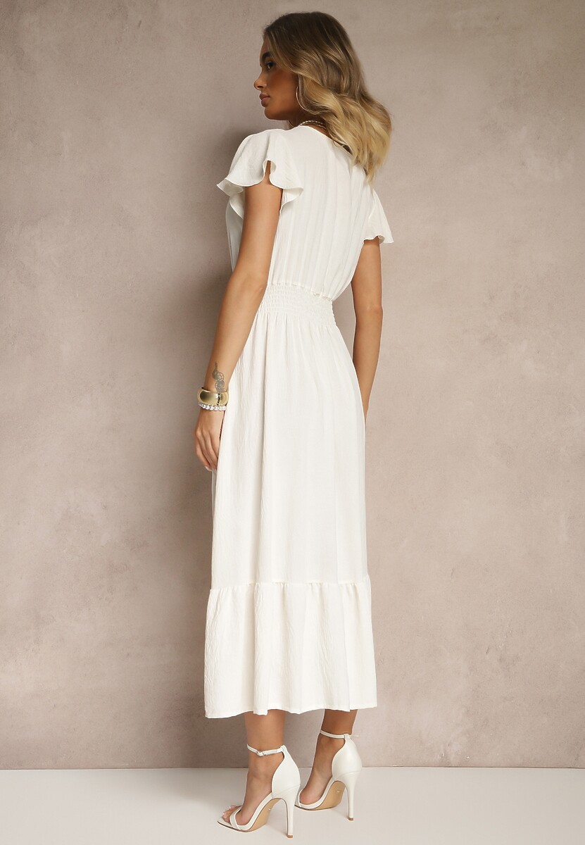 Jasnobeżowa Kopertowa Sukienka o Rozkloszowanym Fasonie z Gumką w Talii Reivione