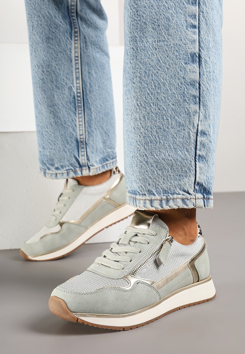 Jasnozielone Sneakersy Ozdobione Suwakiem i Metalicznymi Wstawkami Alua