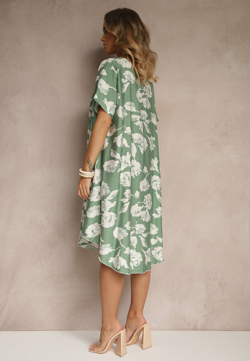 Ciemnozielona Sukienka Pudełkowa z Wiskozy w Kwiaty Aranolia