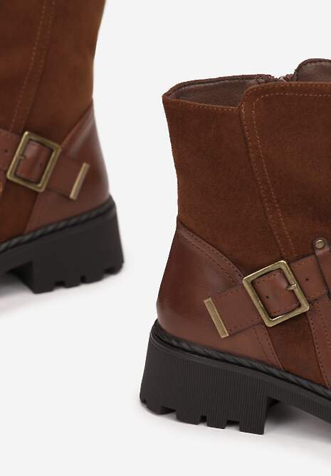 Brązowe Botki Sztyblety z Klamrą Livisi