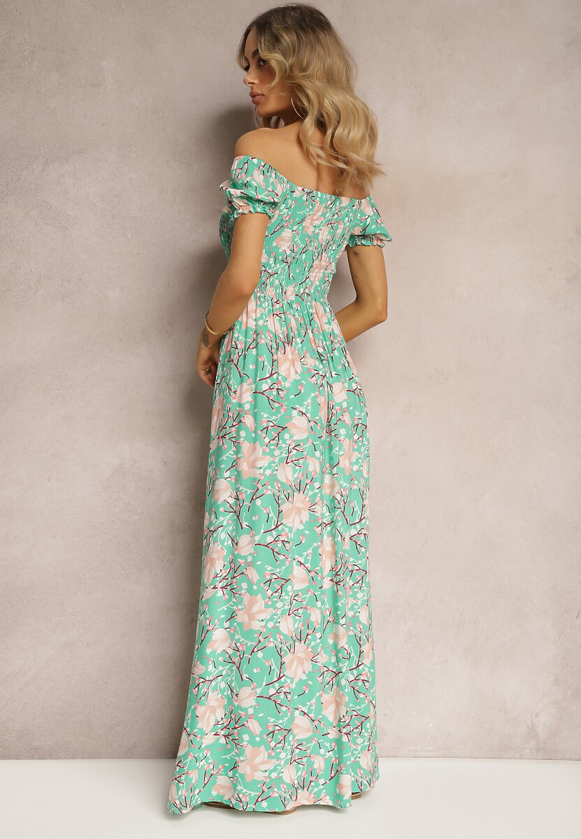 Zielona Kwiecista Sukienka o Rozkloszowanym Kroju z Marszczoną Górą Eliseria