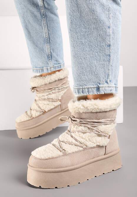 Beżowe Futerkowe Śniegowce Sznurowane na Grubej Podeszwie Werira