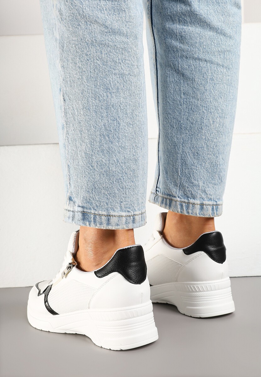 Białe Sneakersy na Koturnie z Wkładką ze Skóry Naturalnej Ozdobione Suwakiem Arivios