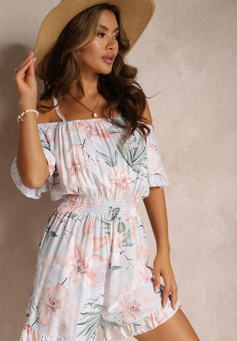 Jasnoniebieski Kombinezon z Opuszczonymi Rękawami i Gumkami w Pasie Gelissa