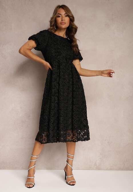 Czarna Sukienka z Tiulem we Wzory o Rozkloszowanym Fasonie Zorbia