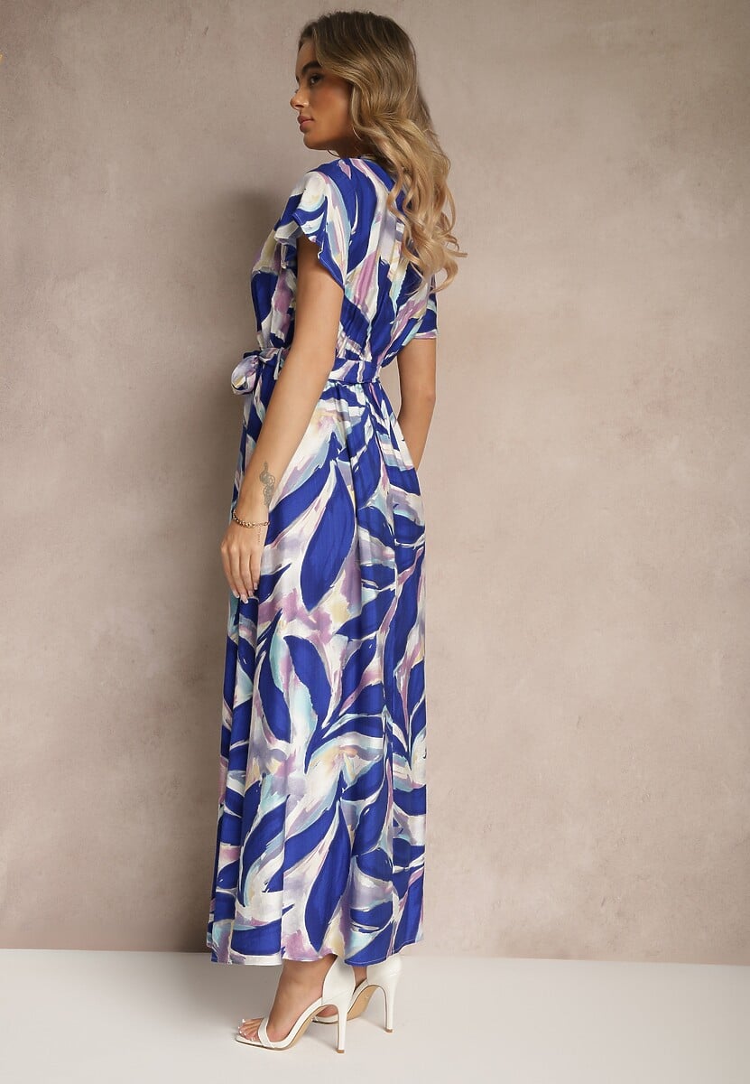 Niebieska Kopertowa Sukienka z Wiskozy z Wiązanym Paskiem w Roślinny Print Arivane