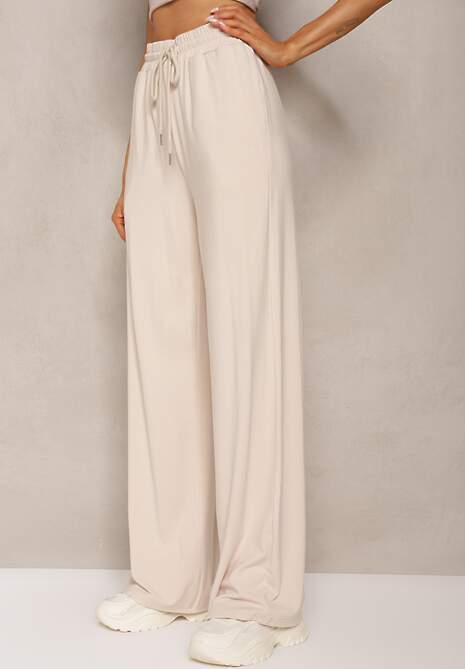 Jasnobeżowe Dresowe Spodnie z Bawełny z Wysokim Stanem i Sznurkiem Letenti