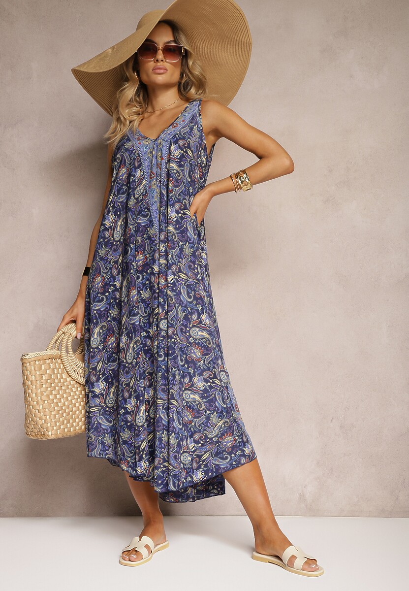 Żółta Sukienka z Wiskozy o Rozkloszowanym Kroju Bez Rękawów Fradea