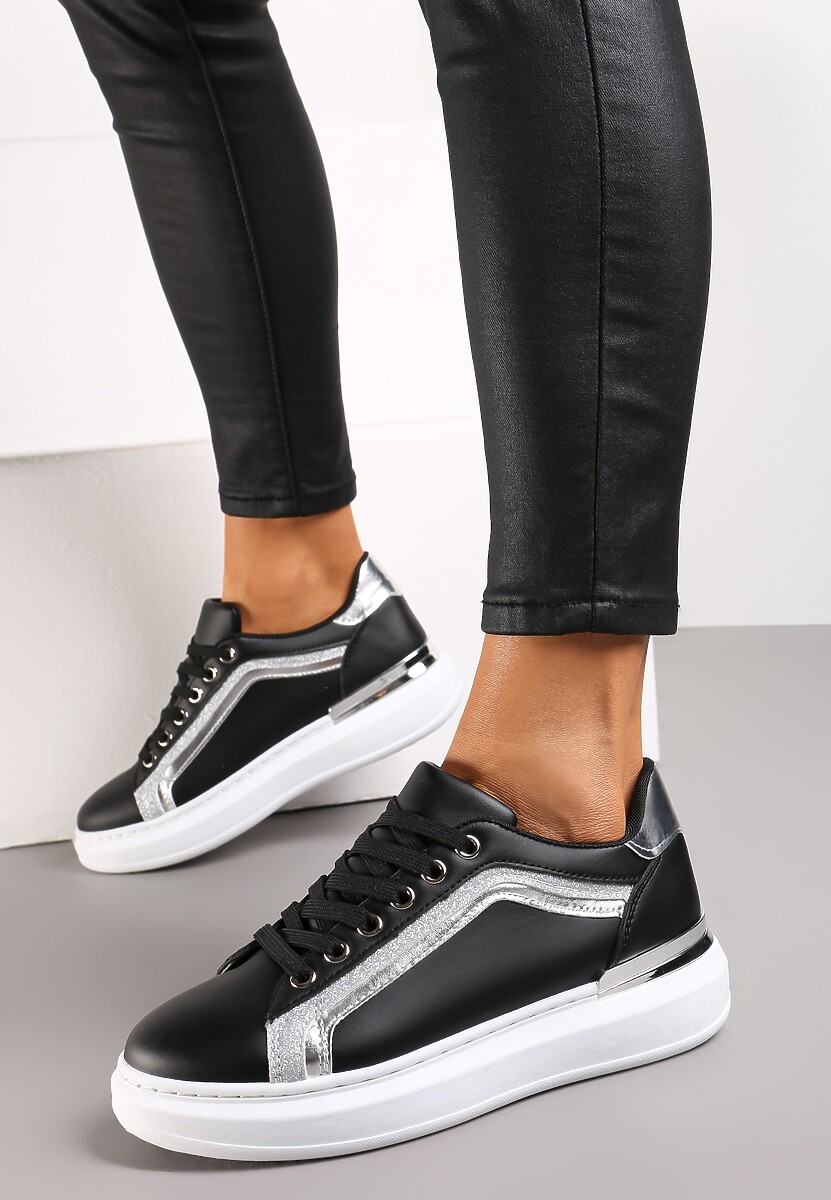 Czarne Sneakersy na Grubej Podeszwie z Brokatem Veneli
