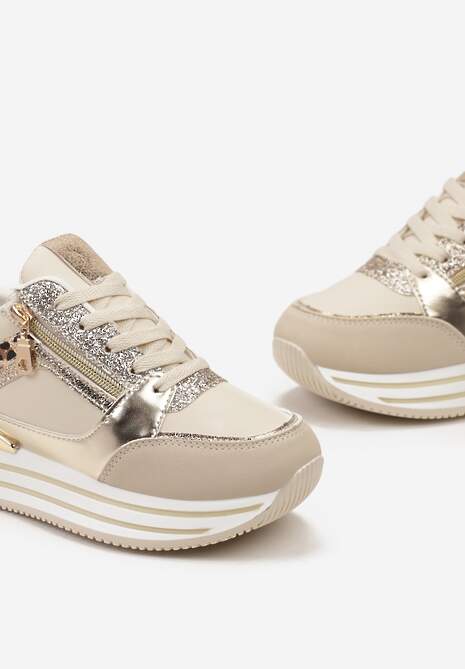 Beżowe Sneakersy z Metalicznymi Wstawkami i Brokatem na Grubej Podeszwie Anova