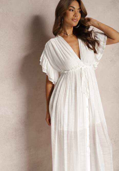 Biała Bawełniana Sukienka z Gumką w Talii i Falbankami Rivatia