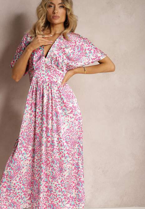 Fioletowa Sukienka o Rozkloszowanym Kroju z Ozdobnym Pasem w Talii Dovbia