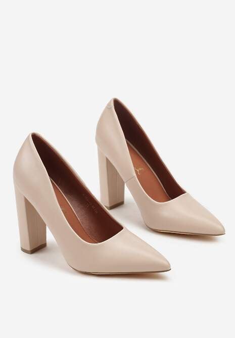 Beżowe Klasyczne Czółenka Vices na Słupkowym Obcasie ze Skórzaną Wkładką Divira