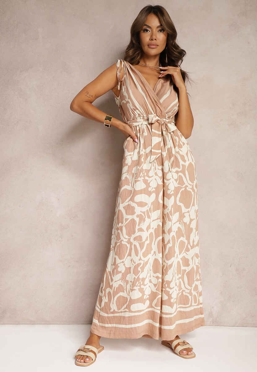 Zielony Kombinezon z Dodatkiem Wiskozy Paskiem w Talii i Kopertowym Dekoltem Paratia