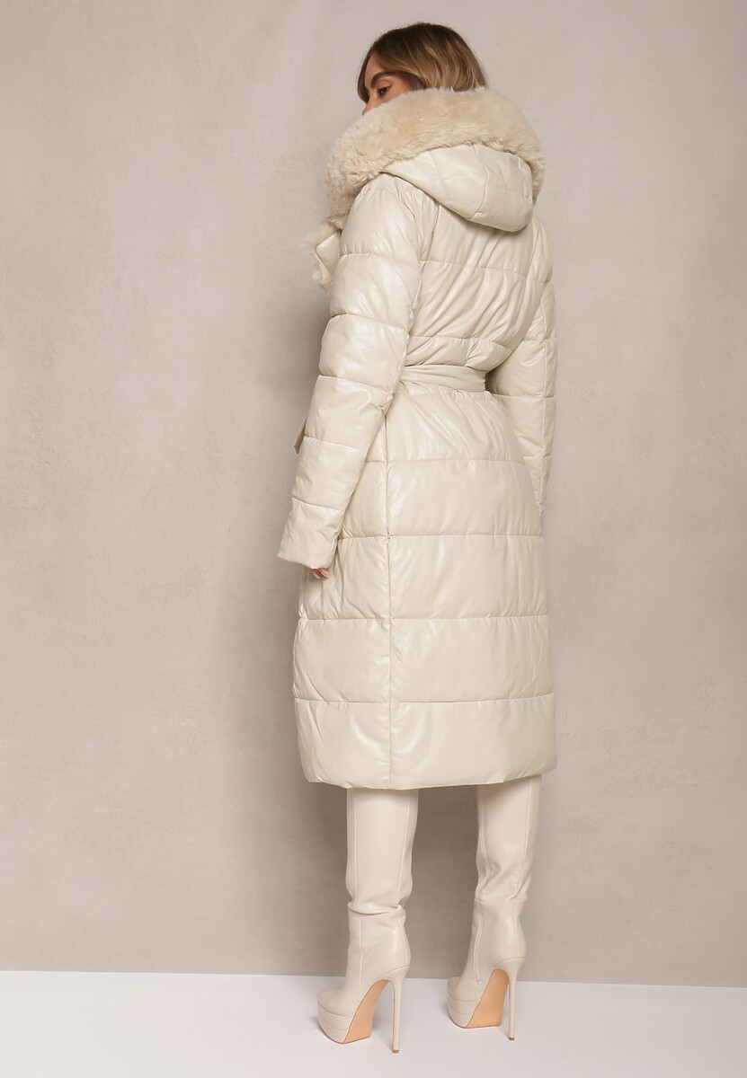 Beżowa Kurtka Pikowana Długa Płaszcz z Imitacji Skóry z Futerkiem Flechie