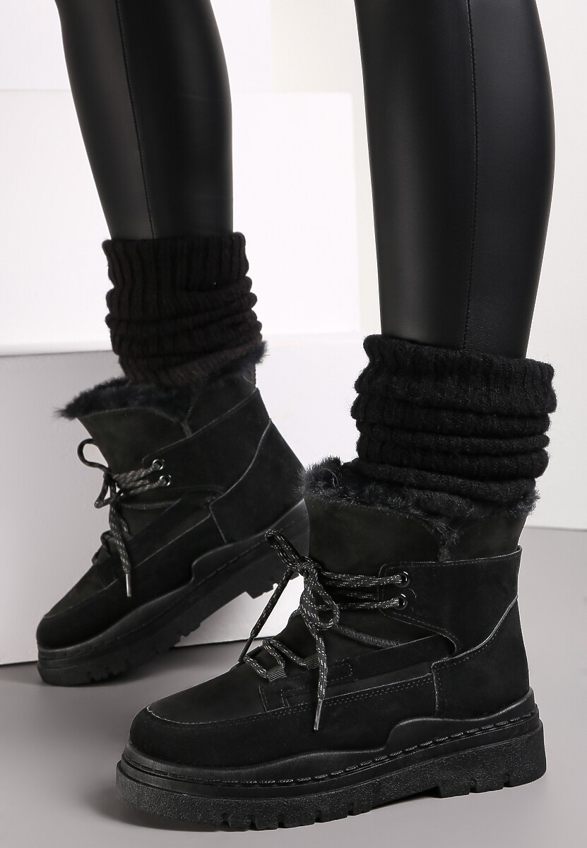 Brązowe Śniegowce na Platformie z Dekoracyjnym Wiązaniem i Futerkiem Cynra