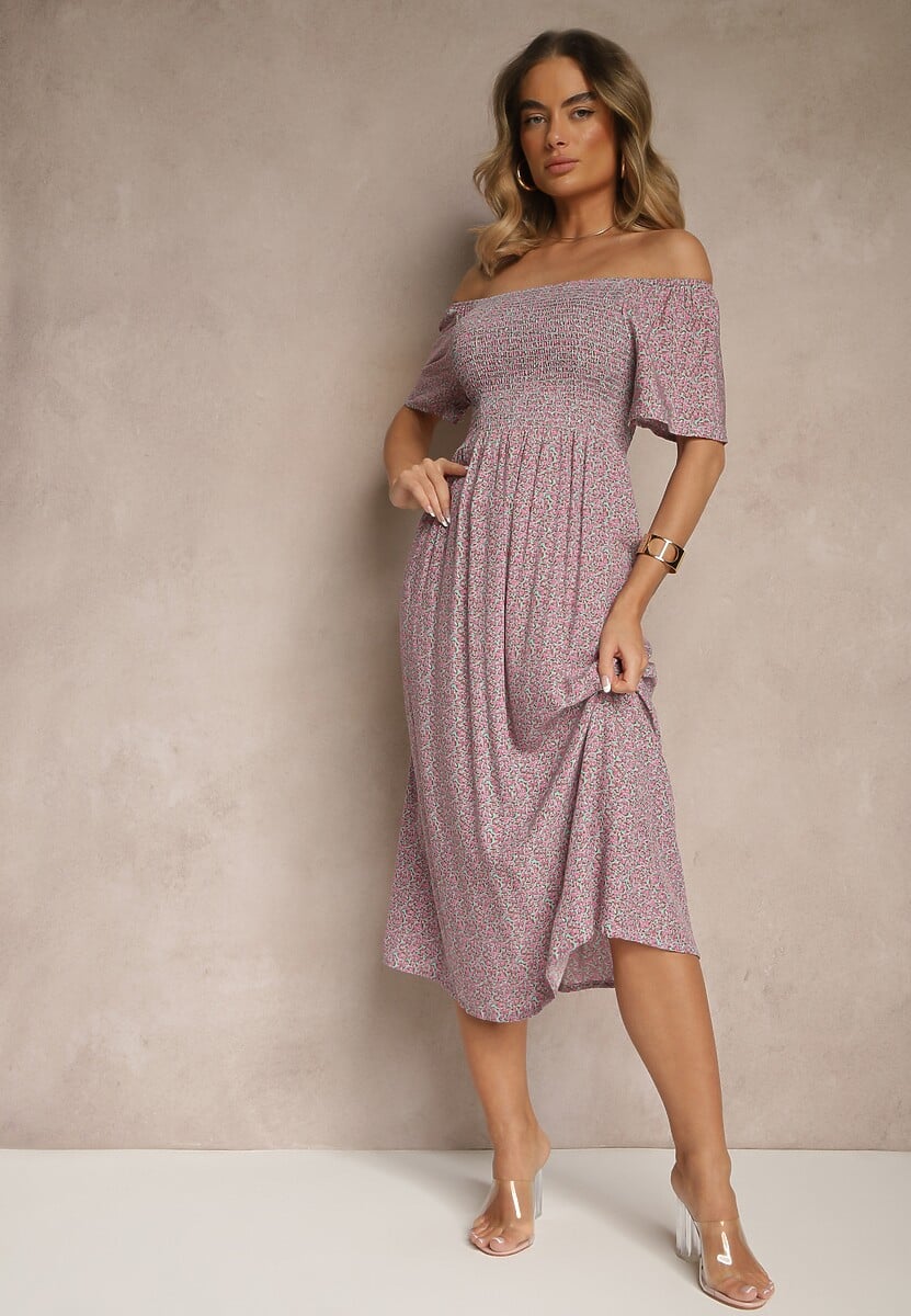 Zielona Bawełniana Sukienka Hiszpanka o Rozkloszowanym Kroju w Kwiaty Sadique