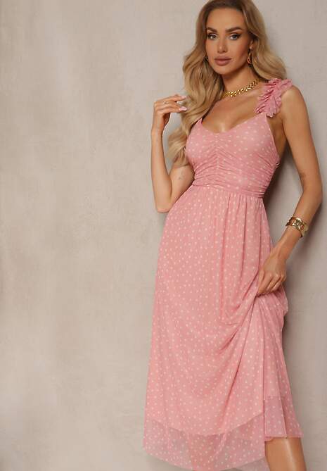 Jasnoróżowa Sukienka Rozkloszowana na Cienkich Ramiączkach z Gumką w Pasie i Tiulem Cevalla