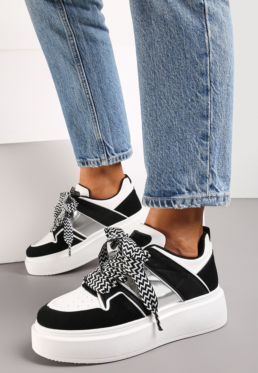 Biało-Czarne Sneakersy z Przeszyciami i Ozdobnymi Sznurówkami na Grubej Podeszwie Timarel