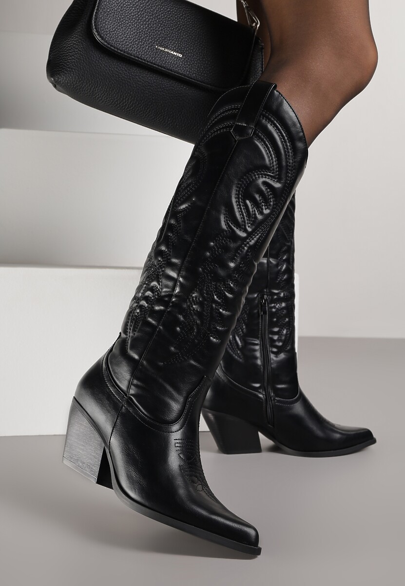 Brązowe Kozaki Kowbojki na Stożkowym Obcasie Zdobione Przeszyciami Lumifera