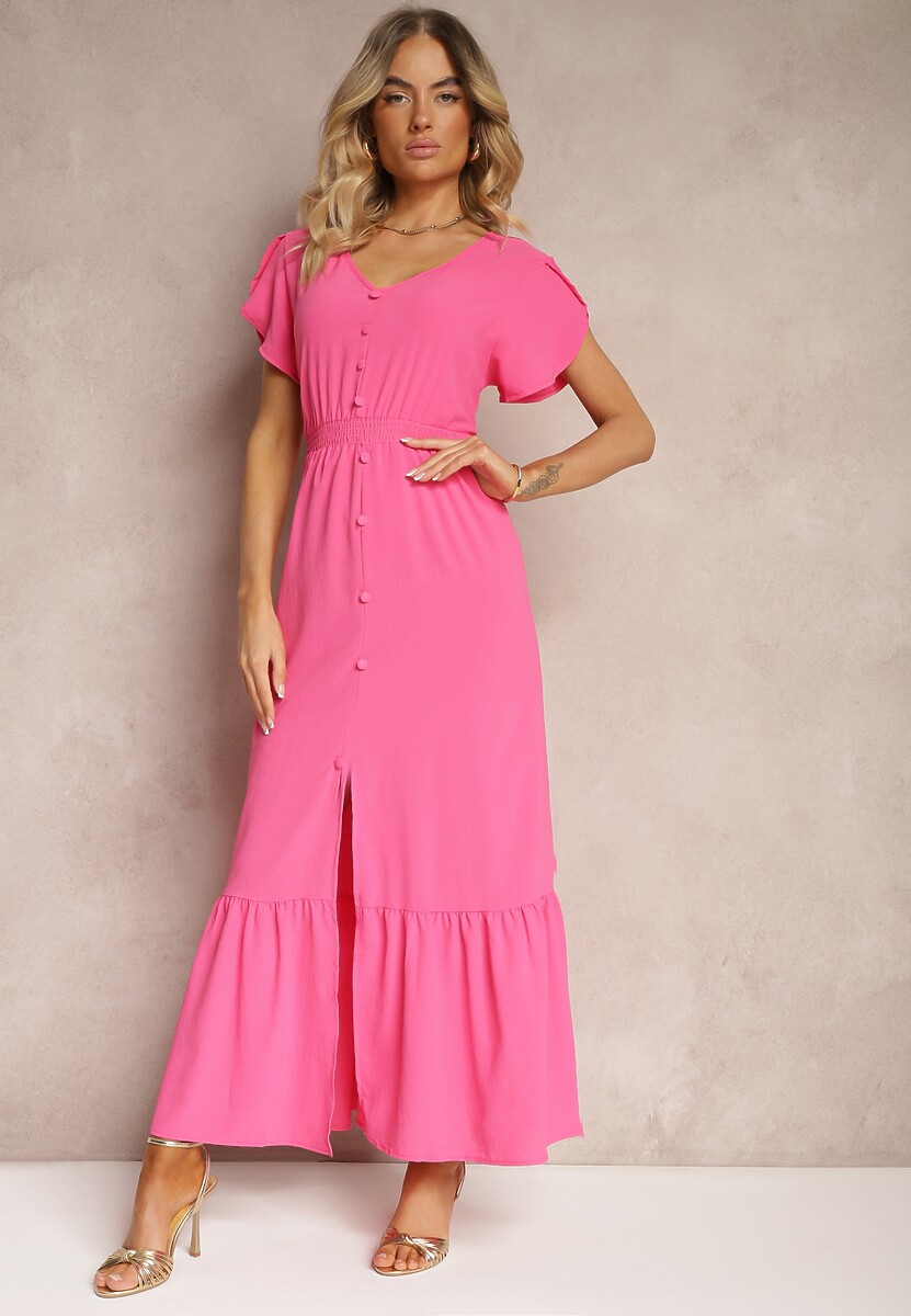 Jasnozielona Rozkloszowana Sukienka z Gumkami w Talii z Guzikami i Rozcięciem Gafia