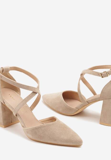 Ciemnobeżowe Czółenka Vices na Słupku ze Skórzaną Wkładką Ozdobione Paskami Learelia