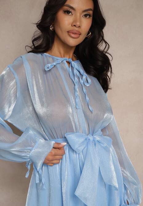 Niebieska Rozkloszowana Sukienka z Paskiem i Wiązaniem Savare