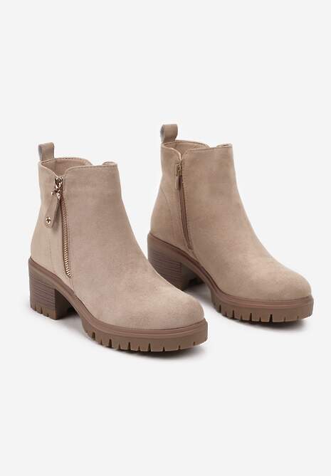 Beżowe Botki Sztyblety na Słupku Wykończone Ozdobnym Suwakiem Terillda