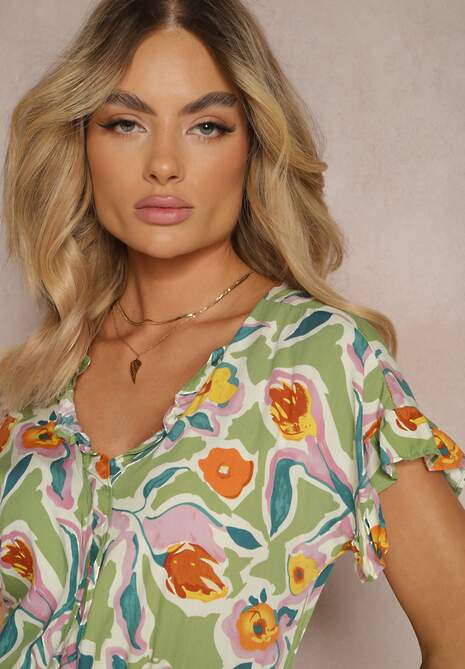 Zielony  Krótki Kombinezon z Wiskozy z Ozdobnymi Falbankami w stylu Boho Tatella