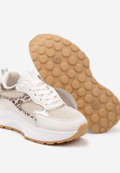Beżowe Sneakersy na Platformie Ozdobione Metalicznym Zdobieniem i Wzorem w Panterkę Worsemi