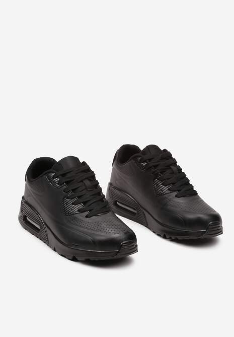 Czarne Casualowe Sneakersy na Płaskiej Podeszwie Ozdobione Perforacją i Transparentną Wstawką Dunelia