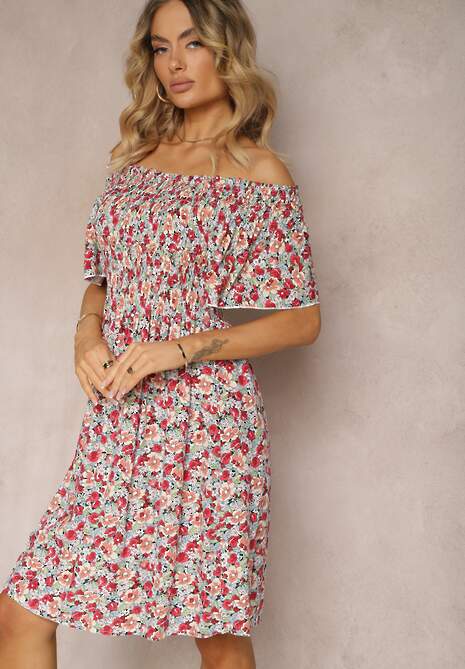 Czerwono-Zielona Kwiecista Sukienka Hiszpanka z Wiskozy z Marszczonym Dekoltem Rasemia