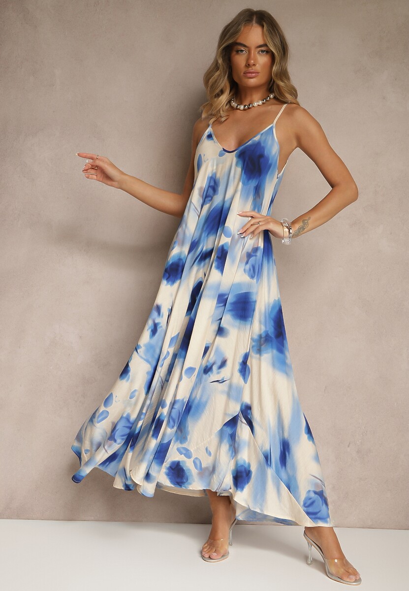 Niebieska Sukienka z Wiskozy Ozdobiona Abstrakcyjnym Wzorem Nilluna