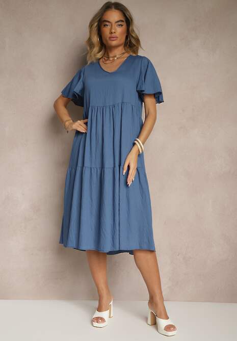 Niebieska Rozkloszowana Sukienka z Wiskozy z Dekoltem w Serek Natasella