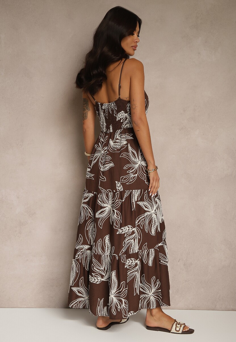 Brązowa Sukienka z Wiskozą ze Sznurkiem i Haftowanym Wzorem Liralette