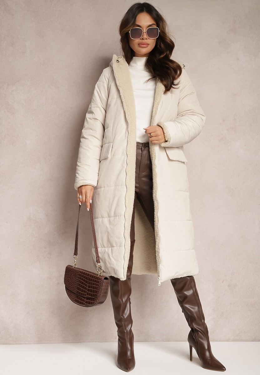 Jasnobeżowa Ocieplana Kurtka Płaszcz Dwustronna z Kapturem Arisce