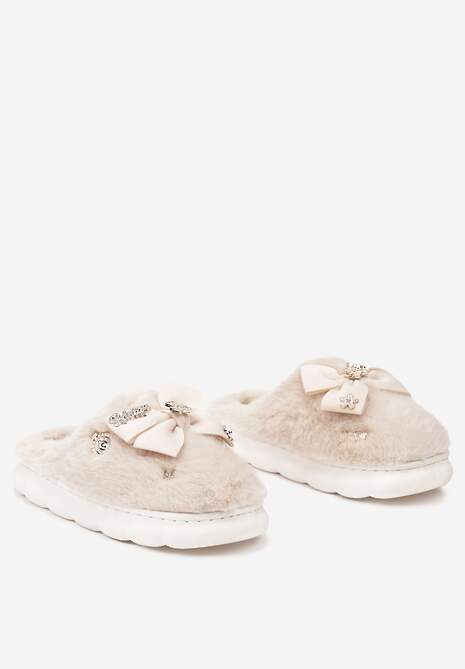 Ciemnobeżowe Kapcie na Płaskiej Podeszwie z Futerkiem Kokardą i Cyrkoniami Mianoria