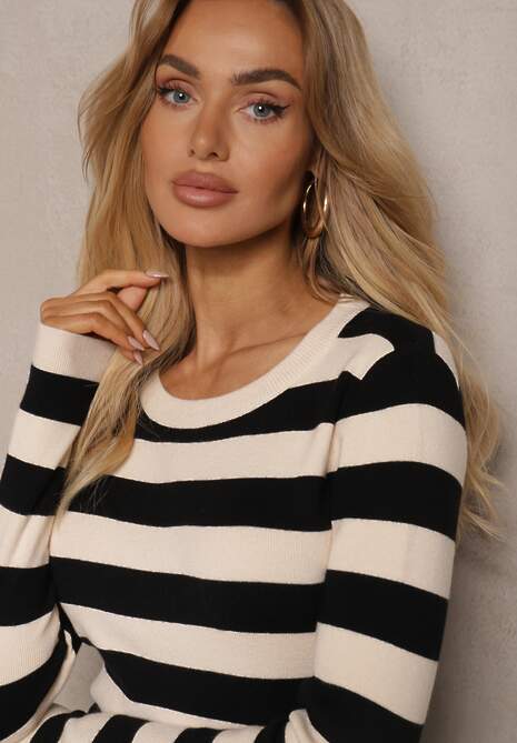 Kremowo-Czarna Sukienka Sweterkowa z Wiskozą i Modalem w Paski z Wycięciem Naliria
