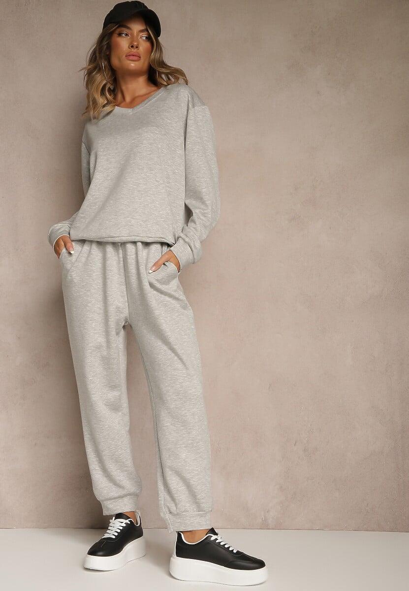 Szary Komplet Dresowy z Bawełną Spodnie ze Ściągaczami i Bluza Nirrive