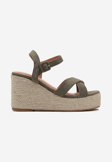 Ciemnozielone Sandały na Plecionym Koturnie Zapinane na Sprzączkę Wokół Kostki Caldoni