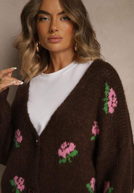 Brązowy Oversizowy Kardigan z Dodatkiem Wełny w Kwiaty Nelenesa