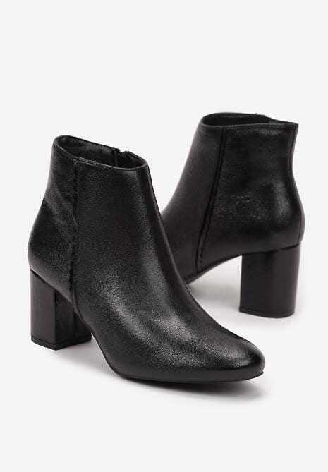 Czarne Botki z Ekoskóry na Słupku z Metalicznym Połyskiem Nalentina